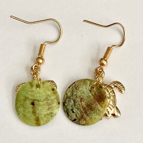 Gold Sea Turtle Shell Charm Earrings Plated Dangle Island Nautical Green Shells - Picture 6 of 8